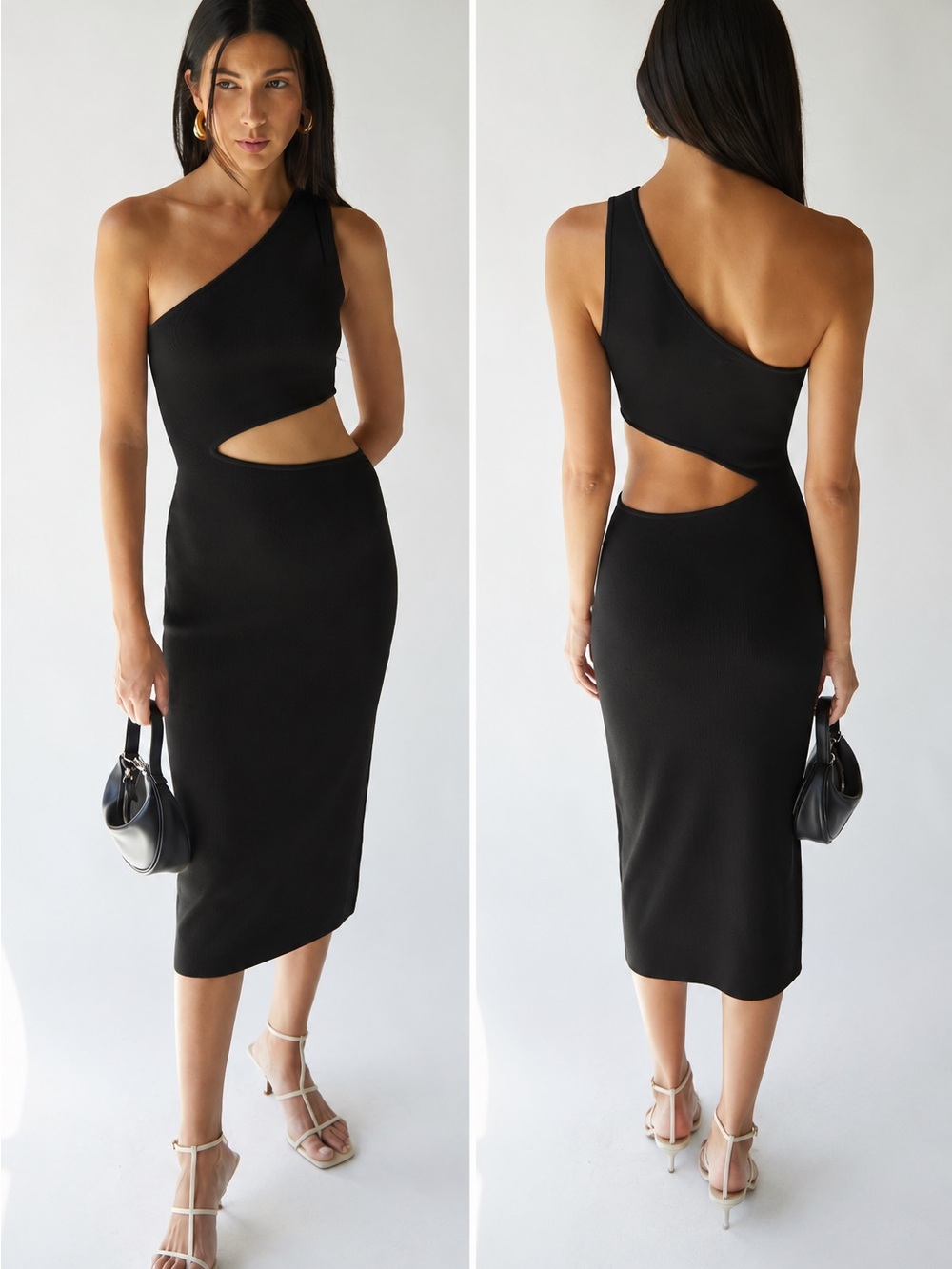 Oak + Fort - One Shoulder Black Cutout Midi Dress